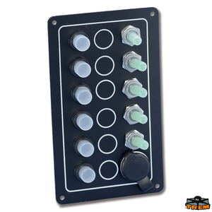 Vodotesna stikalna plošča iz eloksiranega aluminija s 5 stikali + vtičnica za vžigalnik, črna 192x102mm